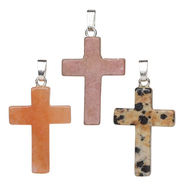 Multi-gemstone / brass 1pkg10, silver-plated cross pendant mix 25x17mm image number 0