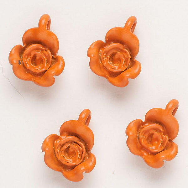 Charm, "pewter" (zinc-based alloy) and enamel, orange, 17x13mm flower. Sold per pkg of 4. image number 0