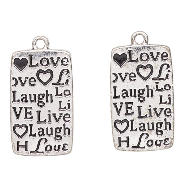 Charm, antique silver-finished enamel "pewter" (zinc-based alloy), black, 25x15mm rectangle with "Love, laugh, live" heart design. Sold per pkg of 2. image number 0