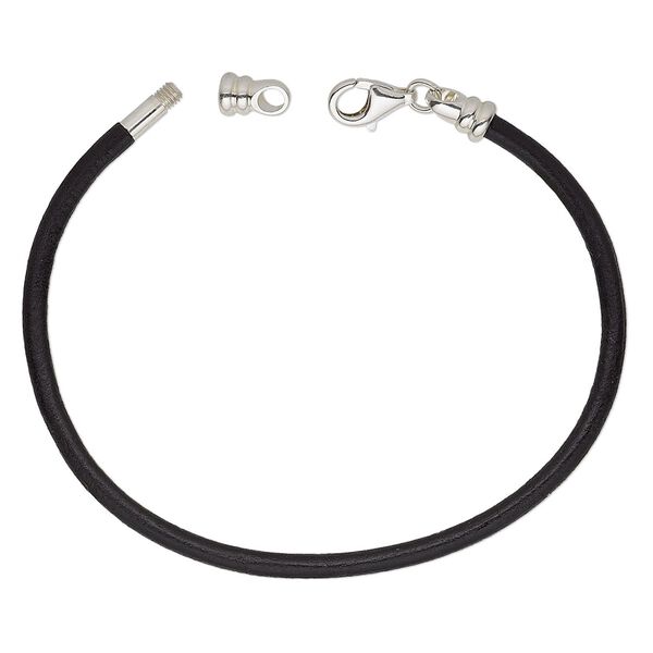 Bracelet cord, Dione®, leather (dyed) and sterling silver, black, 3mm round with twist-off end, 7-1/2 inches with lobster claw clasp. Sold individually. image number 0