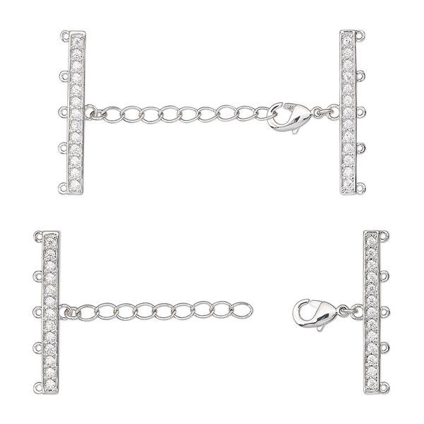 End bar, cubic zirconia and rhodium-plated brass, clear, 49x28mm 5-strand with 28x5mm rectangle and 1-inch extender chain with lobster claw clasp. Sold individually. image number 0