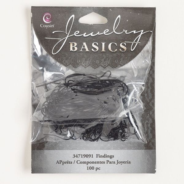 Ear wire assortment 1pkg100, 16mm fishhook / 33mm kidney / open loop, 20 / 22 gauge black-finished steel 50 pair image number 0