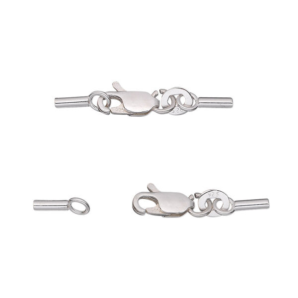 Clasp, lobster claw, sterling silver, 28x5mm overall with 10x5mm clasp and (2) 5x2mm cord ends, 1mm inside diameter. Sold individually. image number 0