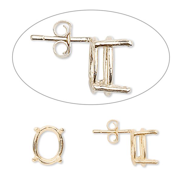 Earstud 1pkg2 Sure-Set™ 14Kt gold, 10x8mm oval pre-notched 4-prong basket-style setting / earnuts, 1 pair image number 0