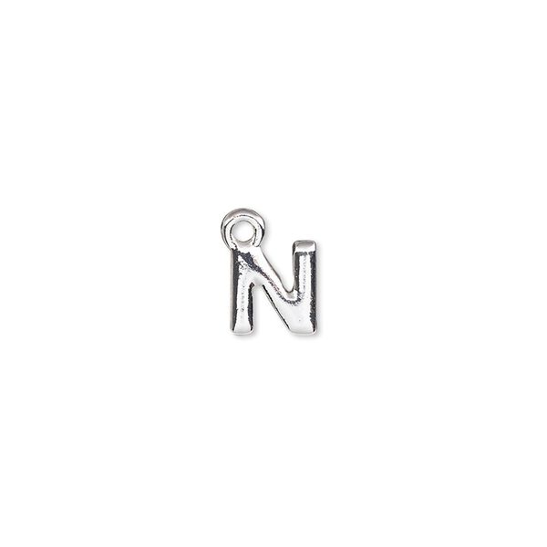 Charm, silver-finished "pewter" (zinc-based alloy), 7.5x7mm alphabet letter N. Sold per pkg of 2. image number 0