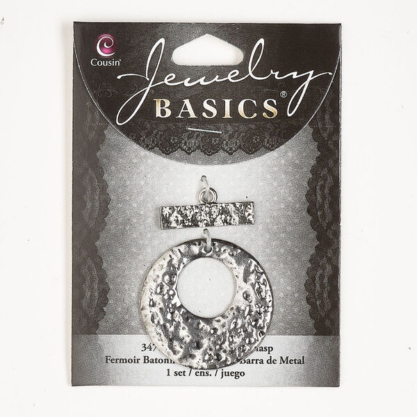 Clasp, toggle, antique silver-finished "pewter" (zinc-based alloy), 35mm hammered go-go. Sold individually. image number 0