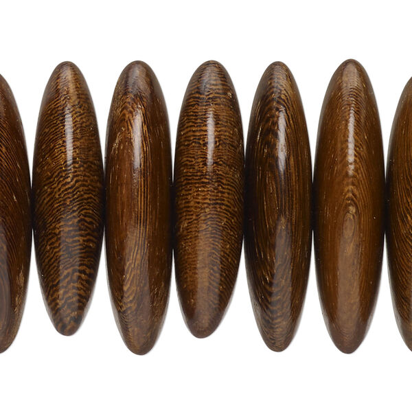 Bead, robles wood (waxed), pkg/4 inches, medium brown, 29x7.5mm-31x8.5mm hand-cut rondelle. image number 0