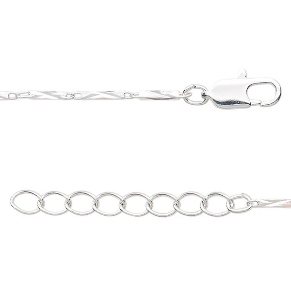 Chain, silver-finished brass, 7x1.5mm diamond-cut rectangular tube link, 16 inches with 1-1/4 inch extender chain and lobster claw clasp. Sold individually. image number 0