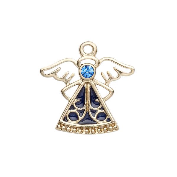 Charm, enamel / crystals / gold-finished "pewter" (zinc-based alloy), sapphire and dark blue, 24x19mm single-sided angel. Sold individually. image number 0