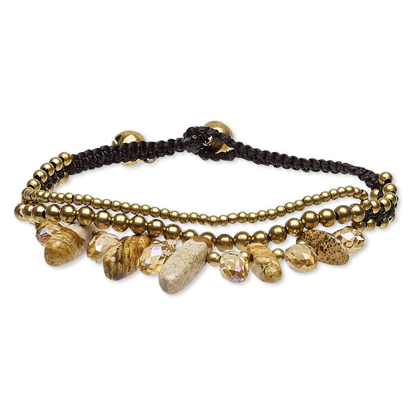 Jasper / nylon / glass / steel / brass 1pkg1, gold finish AB bracelet natural 7-7.5 inch bells / button clasp 18mm image number 0