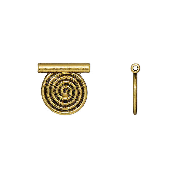 Pendant, slide, antique gold-finished "pewter" (zinc-based alloy), 13mm double-sided flat round with spiral design, 1mm inside diameter. Sold per pkg of 20. image number 0