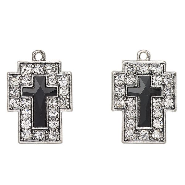 Drop, antique silver-finished "pewter" (zinc-based alloy) and glass, clear and black, 25x19mm cross. Sold per pkg of 2. image number 0