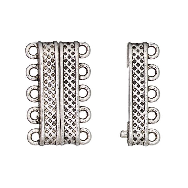 Clasp, 5-strand magnetic, antique silver-finished "pewter" (zinc-based alloy), 24.5x9mm rectangle with textured design. Sold individually. image number 0