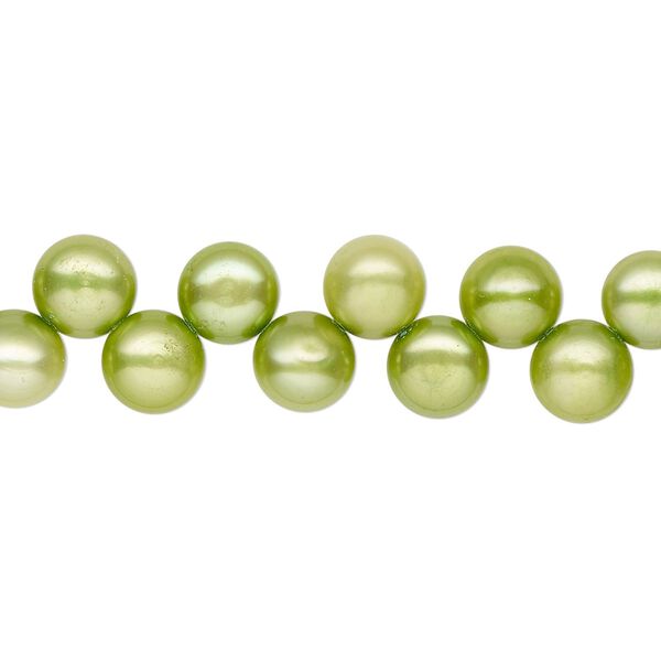Pearl, cultured freshwater (dyed), fern green, 6-7mm top-drilled flat-sided round with 0.4-0.5mm hole, B- grade, Mohs hardness 2-1/2 to 4. Sold per 14-inch strand. image number 0