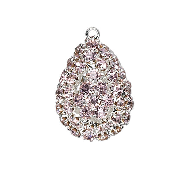 Focal, glass rhinestone and silver-plated brass, pink, 30x22mm double-sided teardrop with 4mm chatons. Sold individually. image number 0