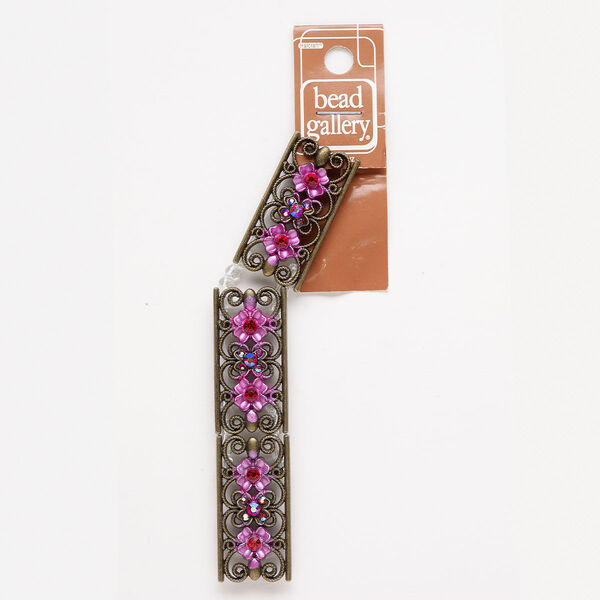 Spacer, antique gold-finished "pewter" (zinc-based alloy) and glass, fuchsia and red, 41x21mm with flowers and hidden loops, spacer fits up to 15mm beads. Sold per pkg of 3. image number 0