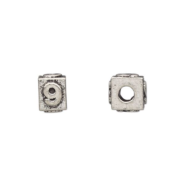 Bead, antiqued pewter (tin-based alloy), 8x6mm rectangle with number "9." Sold per pkg of 4. image number 0