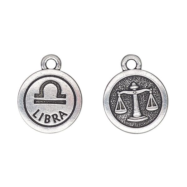 Charm, TierraCast®, antique silver-plated pewter (tin-based alloy), 15mm two-sided flat round with Libra zodiac sign and symbol. Sold per pkg of 2. image number 0