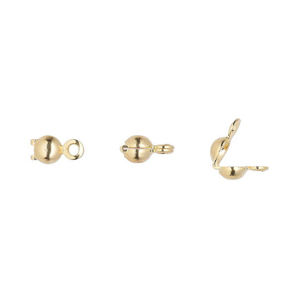 Bead tip, gold-plated brass, 6.5x3.5mm bottom clamp-on with closed loop. Sold per pkg of 100. image number 0