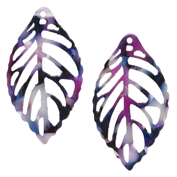 Focal, resin, purple / dark purple / white, 39x22mm leaf with cutouts. Sold per pkg of 4. image number 0
