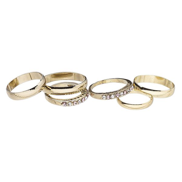 Ring mix, glass rhinestone and gold-finished brass, clear and pink, 3mm and 4mm wide, size 5 to 12-1/2. Sold per pkg of 6. image number 0