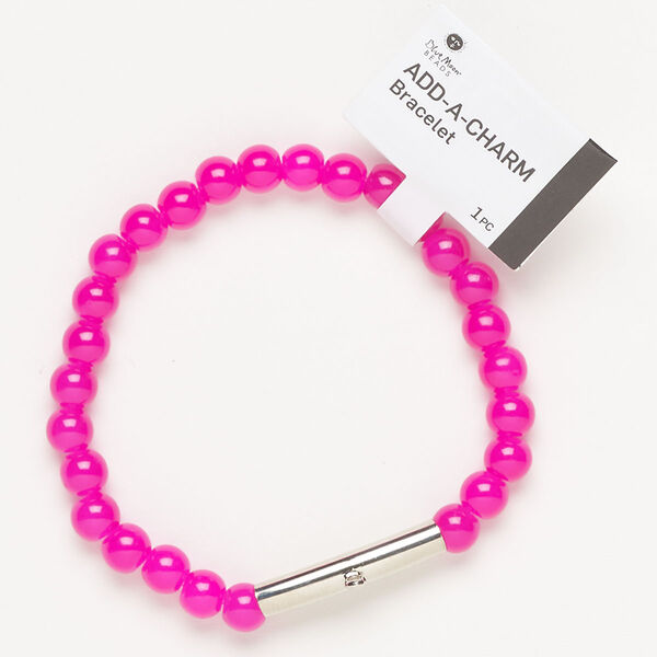 Bracelet, stretch, silver-finished brass and glass, hot pink, 6mm round and 25x5m round tube with bottom loop, 6-1/2 inches. Sold individually. image number 0
