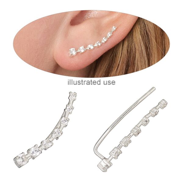 Ear climber, Create Compliments®, cubic zirconia and sterling silver, clear, 27x5.5mm curve, 18 gauge. Sold per pair. image number 0