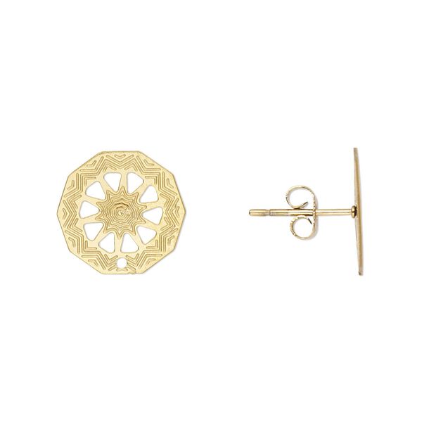 Earstud Lazer Lace™ 1pkg8, 13mm wheel / cutout design / earnuts, gold-finished stainless steel 4 pair image number 0