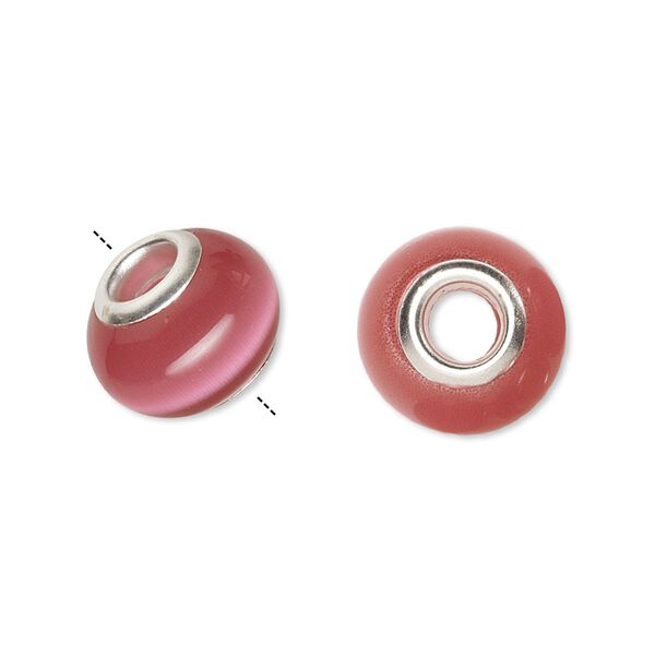 Bead, Dione®, cat's eye glass (fiber optic glass) and silver-finished brass grommets, dark pink, 13x10mm-14x10mm rondelle. Sold individually. image number 0