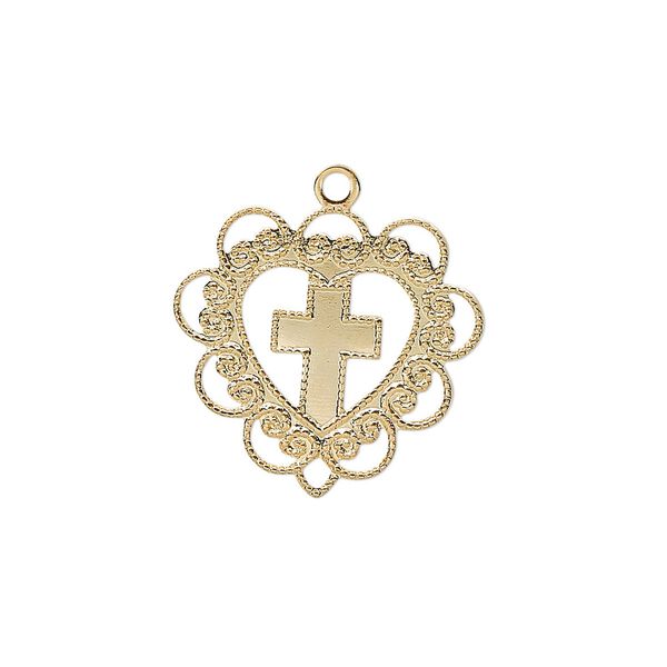 Drop, gold-plated brass, 20x19mm heart with cross. Sold per pkg of 4. image number 0