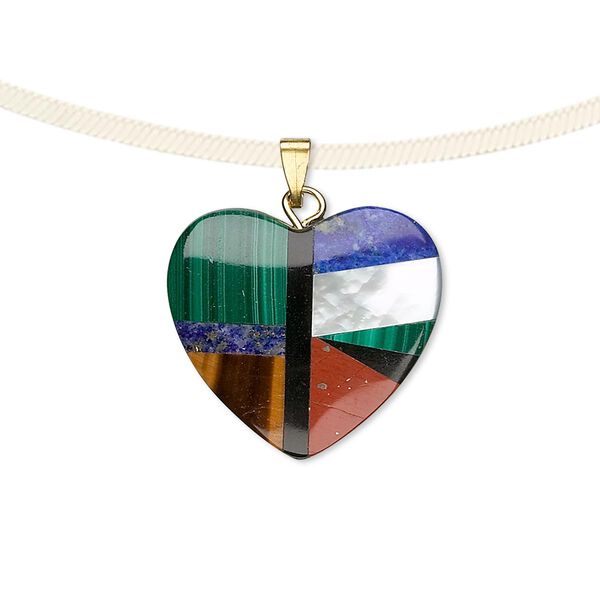Multi-gemstone / mother-of-pearl shell / steel 1pkg1, gold-finished heart pendant 20mm image number 0