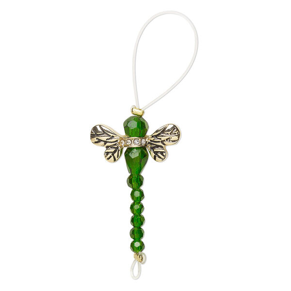 Bead, glass / glass rhinestone / antique gold-finished "pewter" (zinc-based alloy), transparent clear and green, 32x22mm dragonfly. Sold per pkg of 2. image number 0