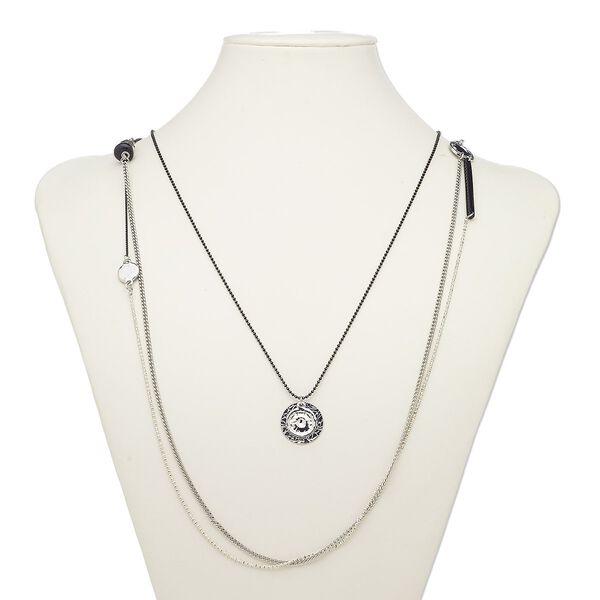 Necklace, acrylic / enamel / glass / imitation rhodium-plated brass / steel / "pewter" (zinc-based alloy), black and white, 36 inches with 2-inch extender chain and lobster claw clasp. Sold individually. image number 0
