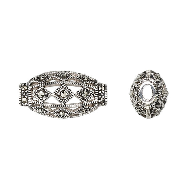 Marcasite / sterling silver 1pkg1, flat oval bead natural 20x11mm image number 0