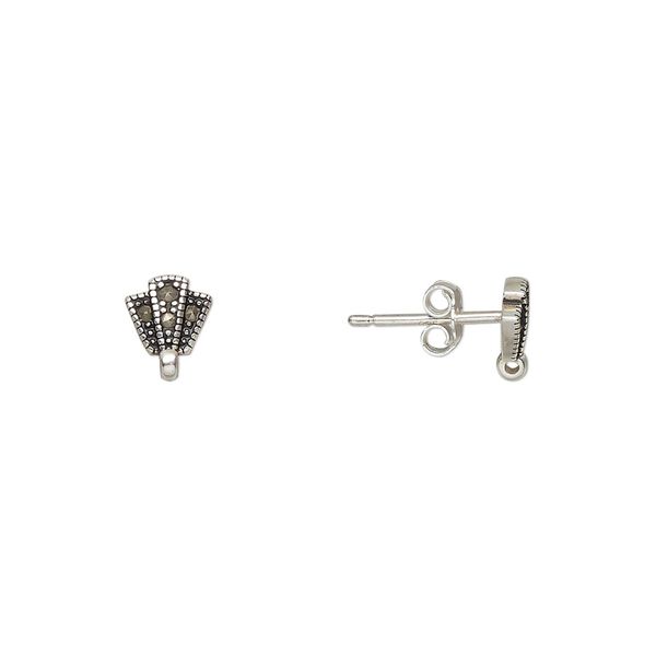 Marcasite / sterling silver 1pkg2, 3-bar earstud / closed loop / earnut natural 7x6mm image number 0