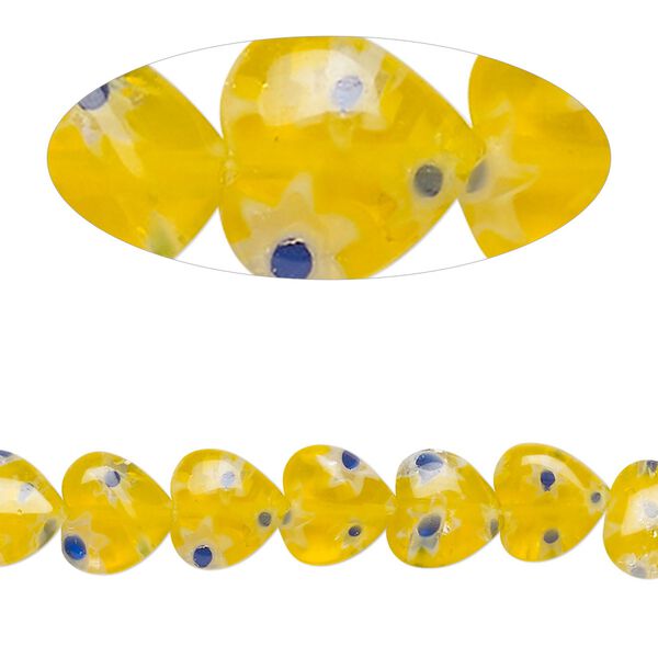 Bead, millefiori glass, translucent golden yellow / blue / white, 7mm-9x8mm puffed heart. Sold per 14-inch strand. image number 0