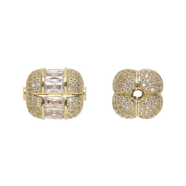 Bead, glass rhinestone and gold-finished brass, clear, 15x12mm fancy square tube. Sold individually. image number 0