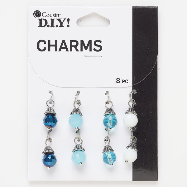 Drop, silver-finished "pewter" (zinc-based alloy) and glass, mixed colors, 12x8mm round. Sold per pkg of 8. image number 0