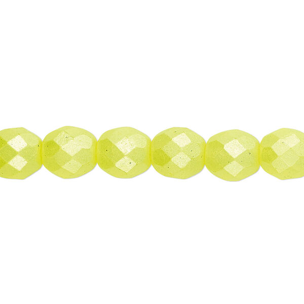 Bead, Czech fire-polished dipped décor glass, pearlescent light yellow, 8mm faceted round. Sold per 15-1/2" to 16" strand. image number 0