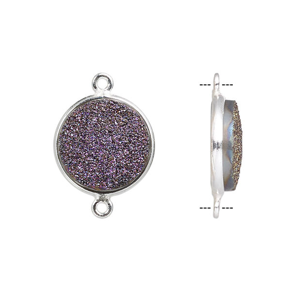 Link, titanium- / electro-coated druzy agate (coated) / sterling silver, purple, 15mm hand-cut single-sided flat round. Sold individually. image number 0