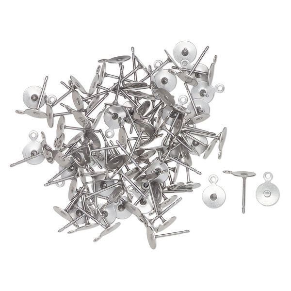 Earstud 1pkg100, 6mm round / closed loop / 6mm round glue in setting, silver-finished matte steel 50 pair image number 0