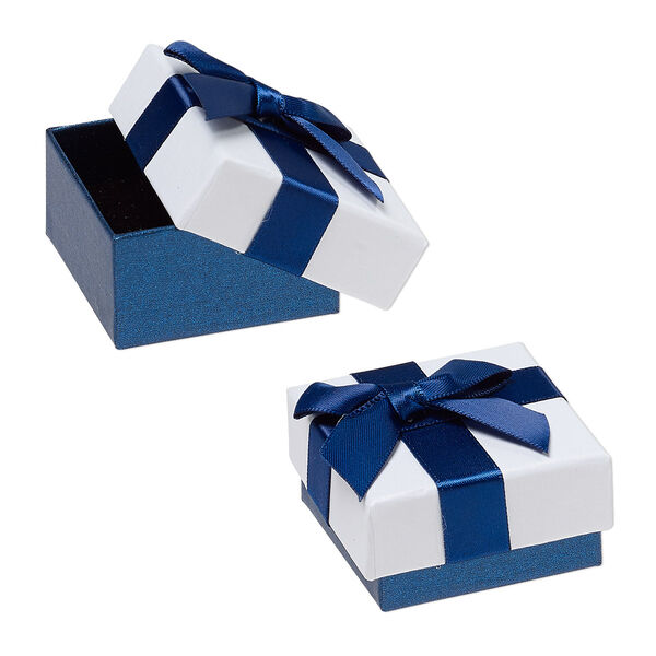 Gift box, cardboard / paper / velveteen / nylon, blue shimmer / white / black, 1 x 1-7/8 x 1-7/8 inch square with ribbon and bow. Sold per pkg of 12. image number 0