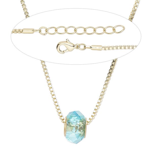 Necklace, Everyday Jewelry™,  brass and crystal, turquoise blue rondelle on gold-finished chain with lobster claw clasp, 20 inches. Sold individually. image number 0