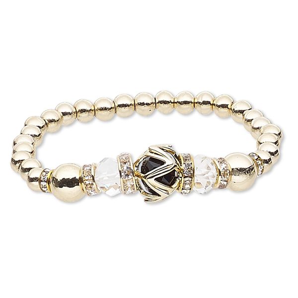 Bracelet, stretch, glass rhinestone / glass / gold-coated plastic / gold-finished "pewter" (zinc-based alloy), black and clear, 14mm round, 6 inches. Sold individually. image number 0