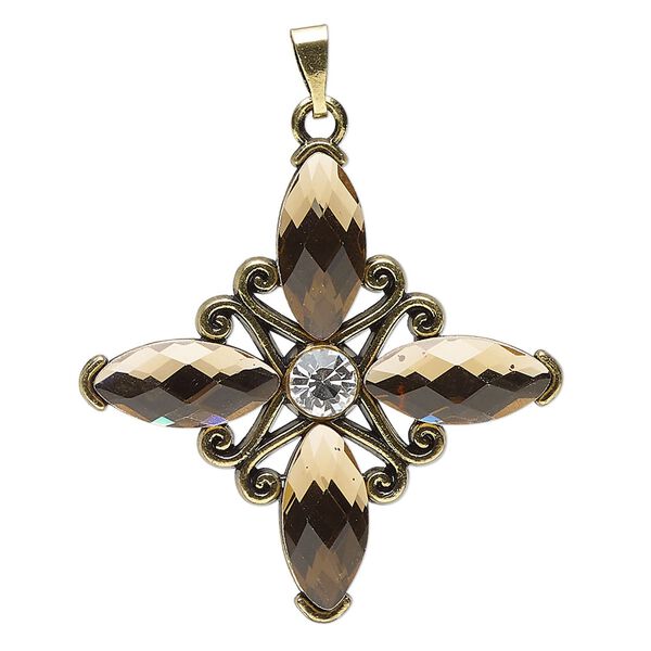 Pendant, antique gold-finished brass and glass, topaz brown and clear, 38mm diamond. Sold individually. image number 0