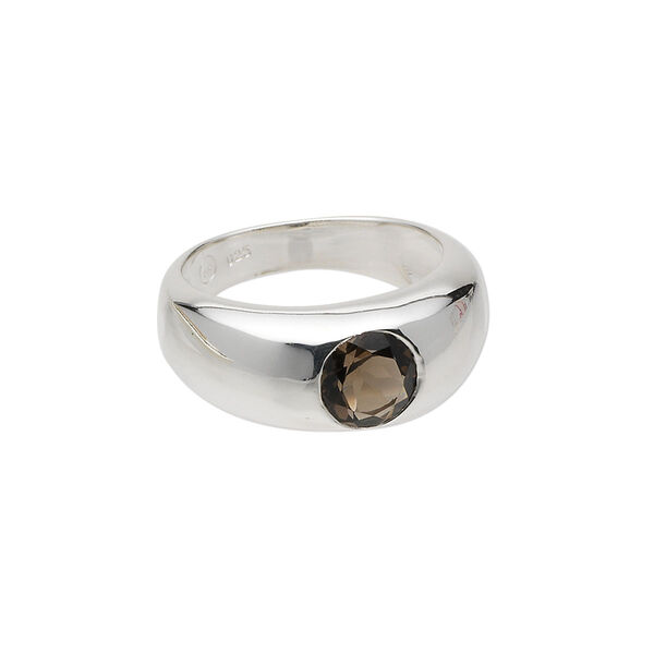 Ring, sterling silver and smoky quartz (heated / irradiated), 7mm faceted round, size 7. Sold individually. image number 0