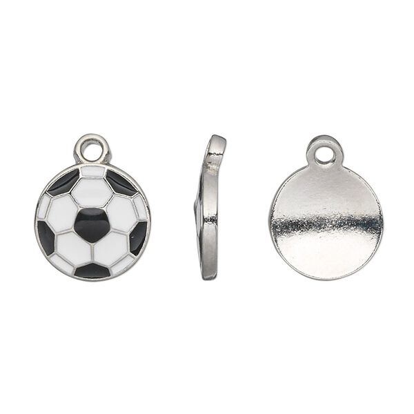 Charm, epoxy and pewter (tin-based alloy), white and black, 12.5mm single-sided soccer ball. Sold per pkg of 2. image number 0