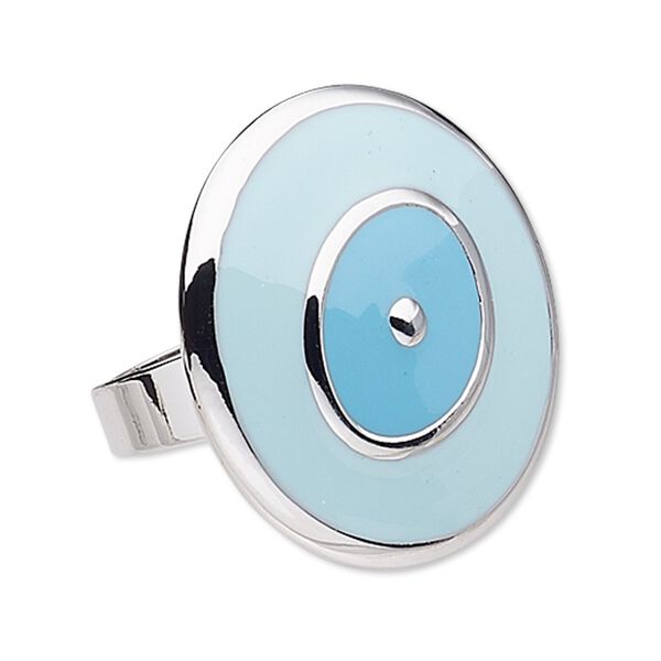 Ring, enamel and antique silver-plated "pewter" (zinc-based alloy), blue and turquoise blue, 32mm round, adjustable. Sold individually. image number 0