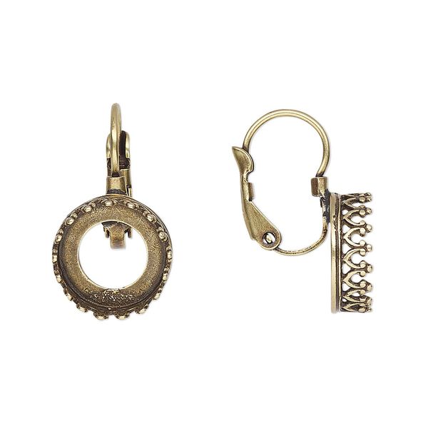 Ear wire leverback 1pkg2 JBB findings antique brass-plated, 21mm / SS47 rivoli open back bezel setting, brass 1 pair image number 0