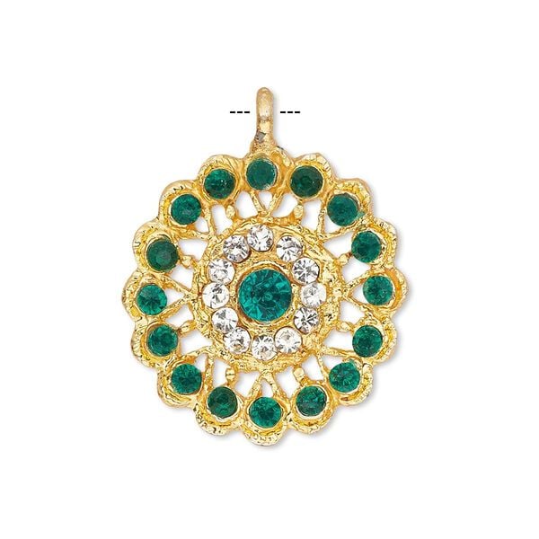 Pendant, glass rhinestone and gold-finished "pewter" (zinc-based alloy), clear and green, 23mm round. Sold individually. image number 0